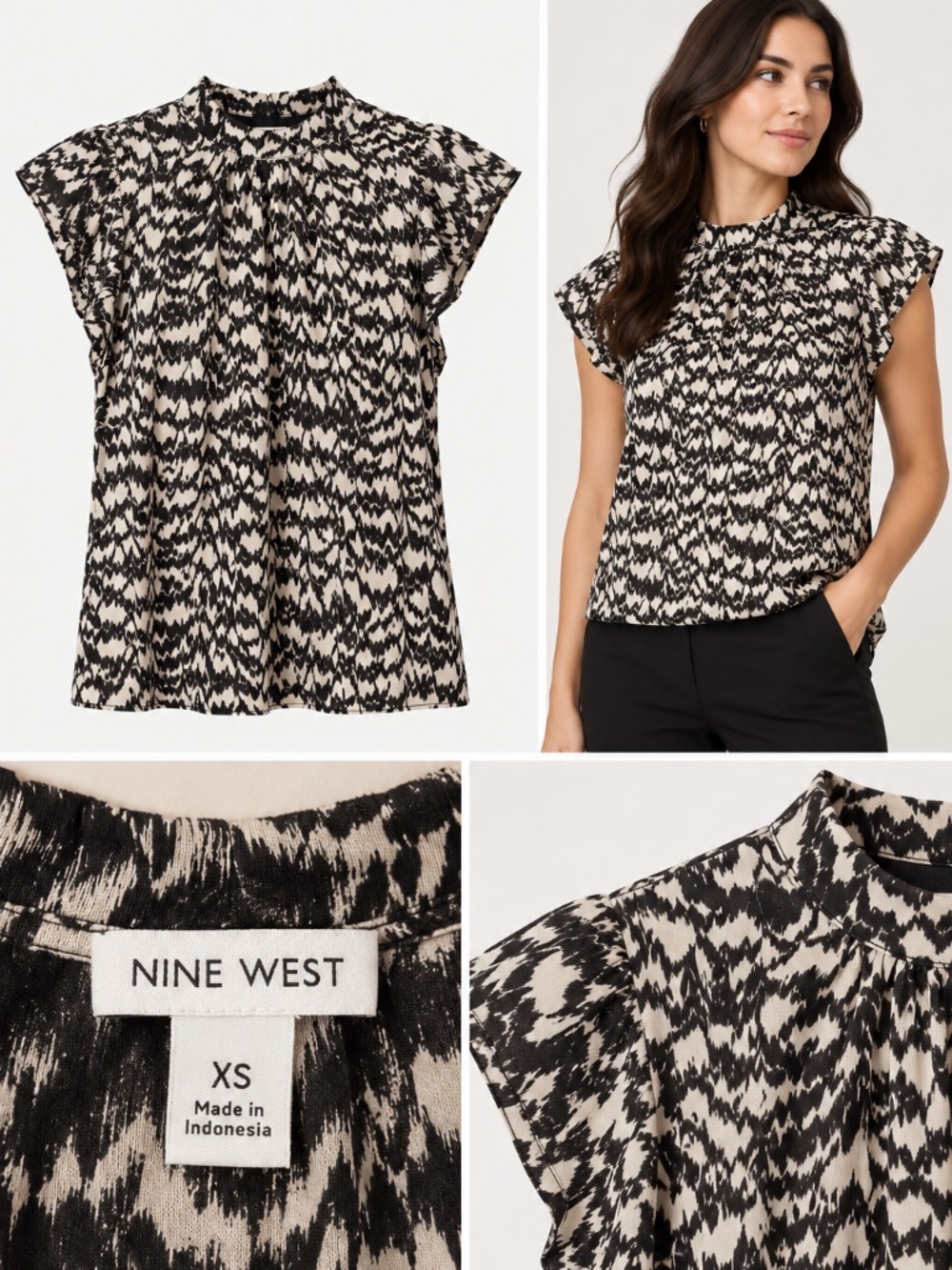 Nine West Black & Ivory Abstract Print Flutter Sleeve Blouse XS